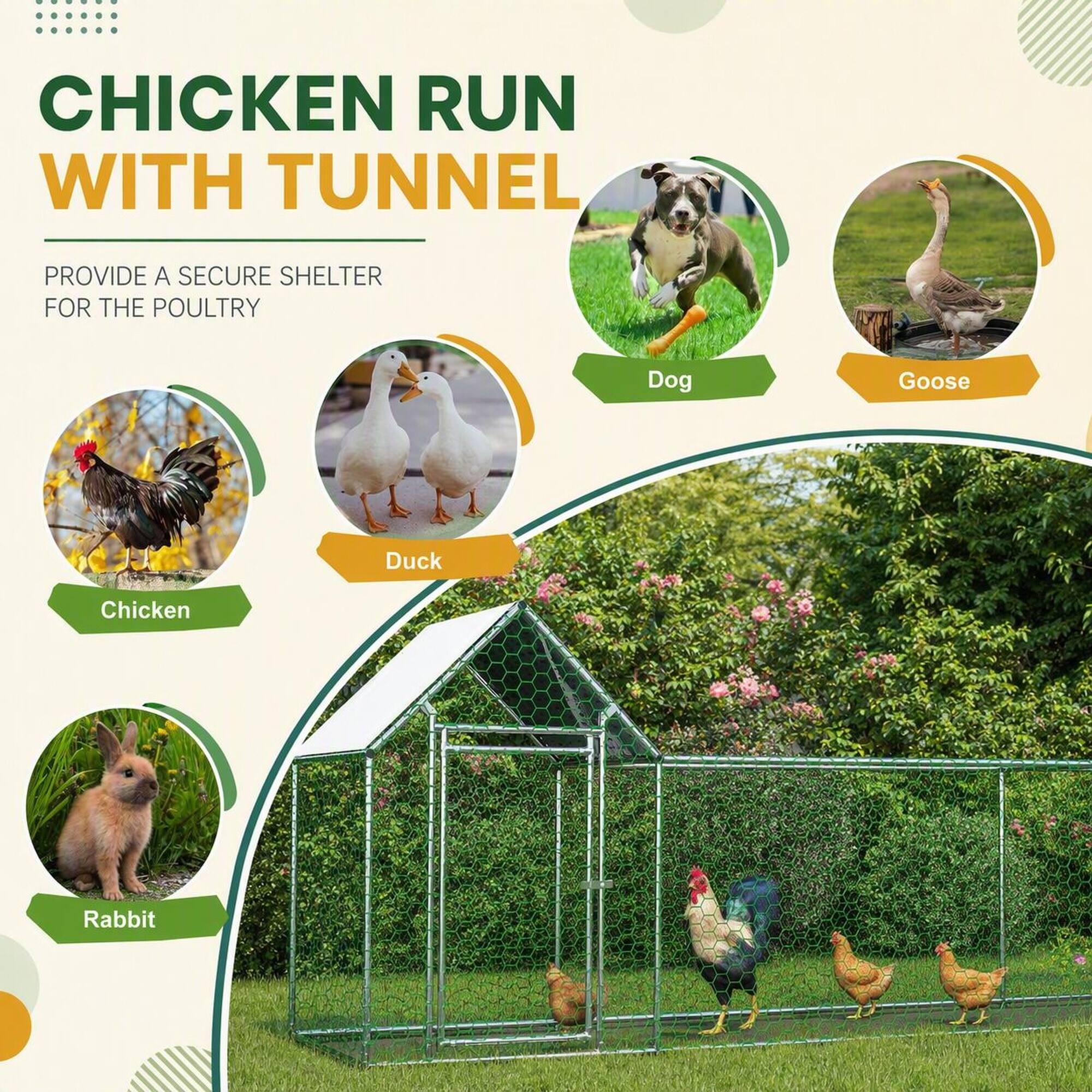 CHICKEN RUN WITH TUNNEL  
PROVIDE A SECURE SHELTER FOR THE POULTRY  
Dog  
Goose  
Duck  
Chicken  
Rabbit