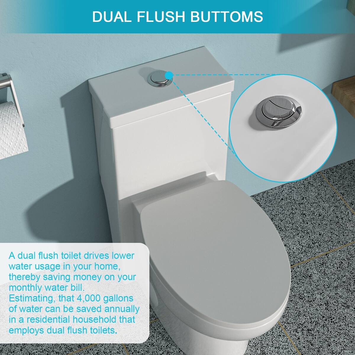 DUAL FLUSH BUTTONS

A dual flush toilet drives lower water usage in your home, thereby saving money on your monthly water bill. Estimating, that 4,000 gallons of water can be saved annually in a residential household that employs dual flush toilets.