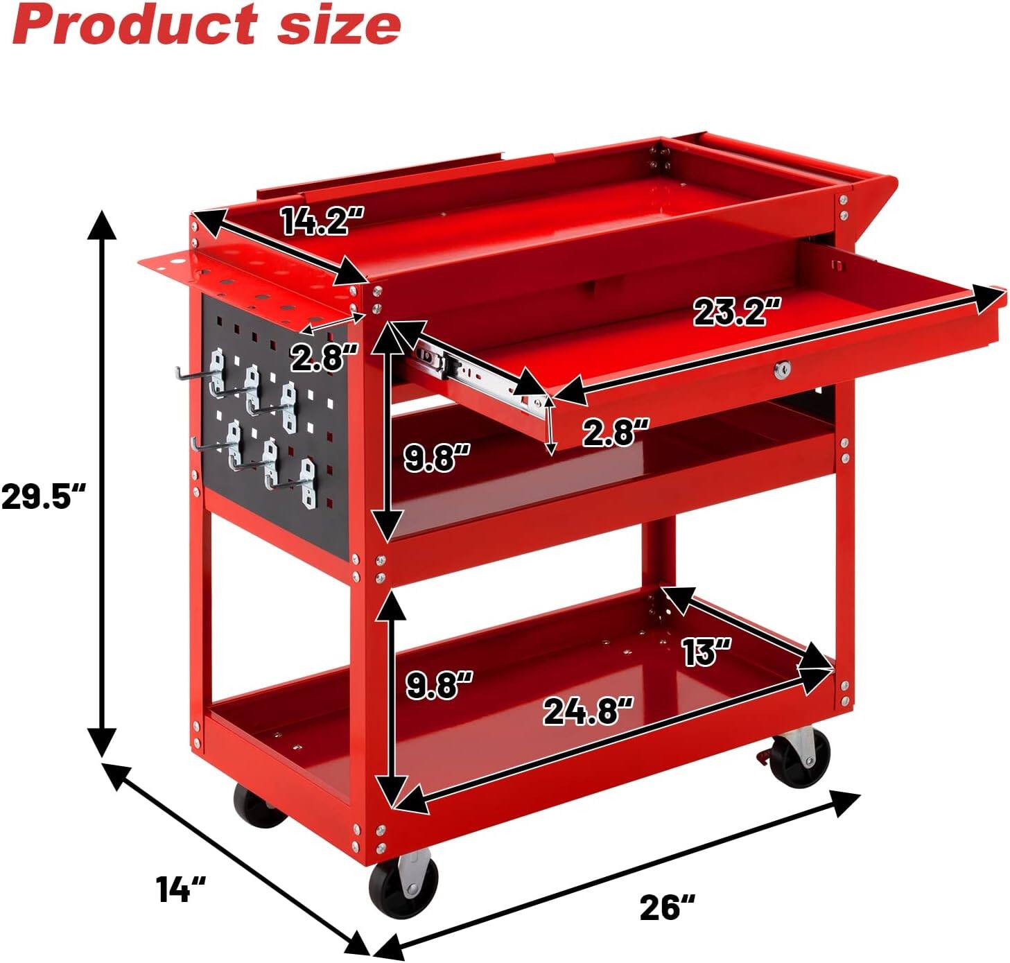 Product size: 14.2", 2.8", 23.2", 29.5", 9.8", 2.8", 9.8", 24.8", 13", 14", 26"