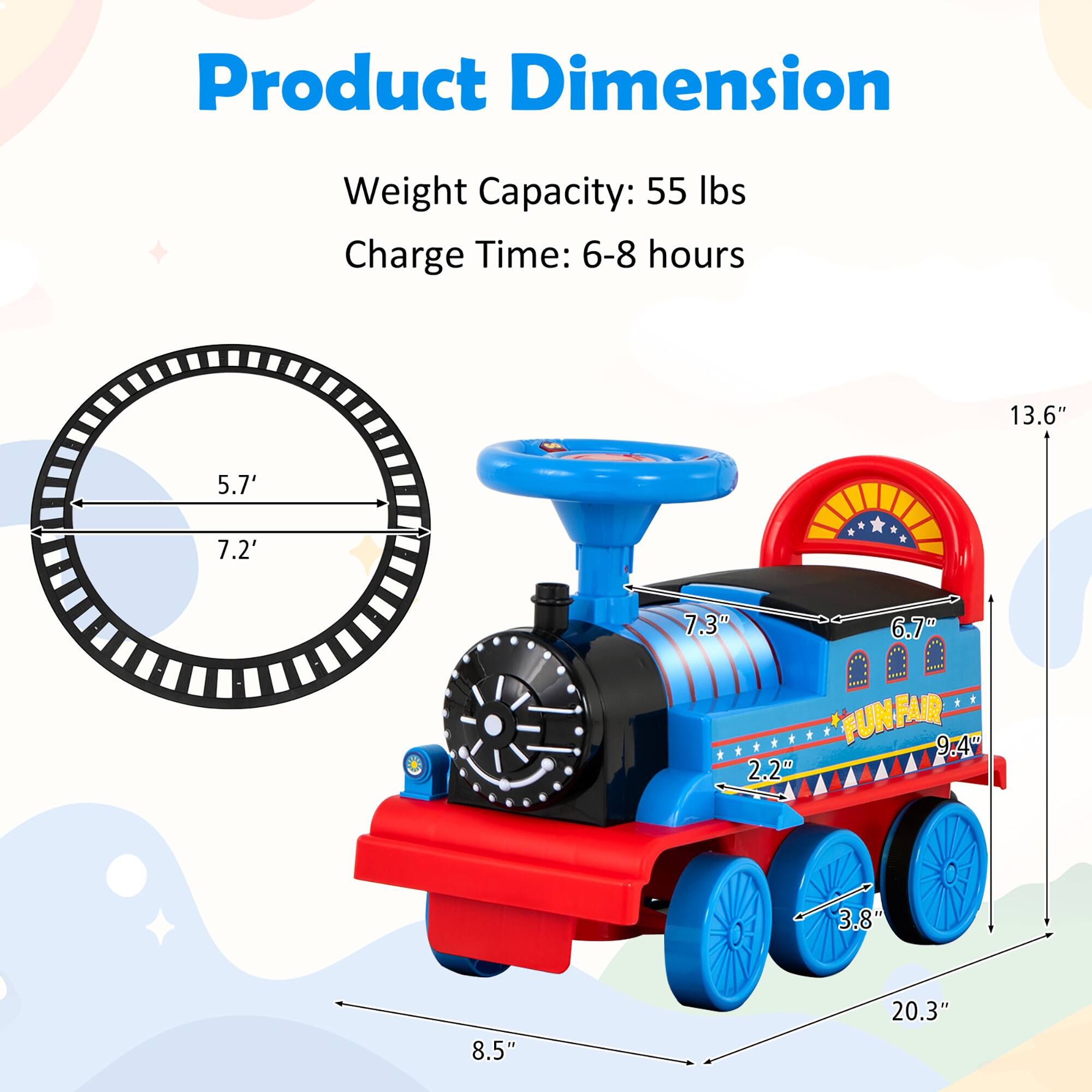 Product Dimension  
Weight Capacity: 55 lbs  
Charge Time: 6-8 hours  

- Diameter: 5.7'  
- Height: 7.2'  
- Length: 20.3"  
- Width: 8.5"  
- Height of seat: 7.3"  
- Width of seat: 6.7"  
- Height of wheels: 3.8"  
- Width of wheels: 2.2"  
- Height of front: 9.4"  
- Height of top: 13.6"