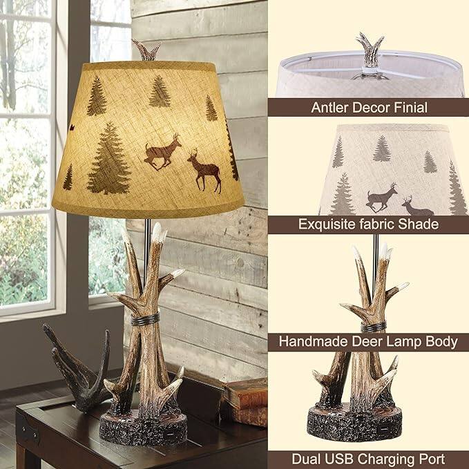 - Antler Decor Finial
- Exquisite fabric Shade
- Handmade Deer Lamp Body
- Dual USB Charging Port