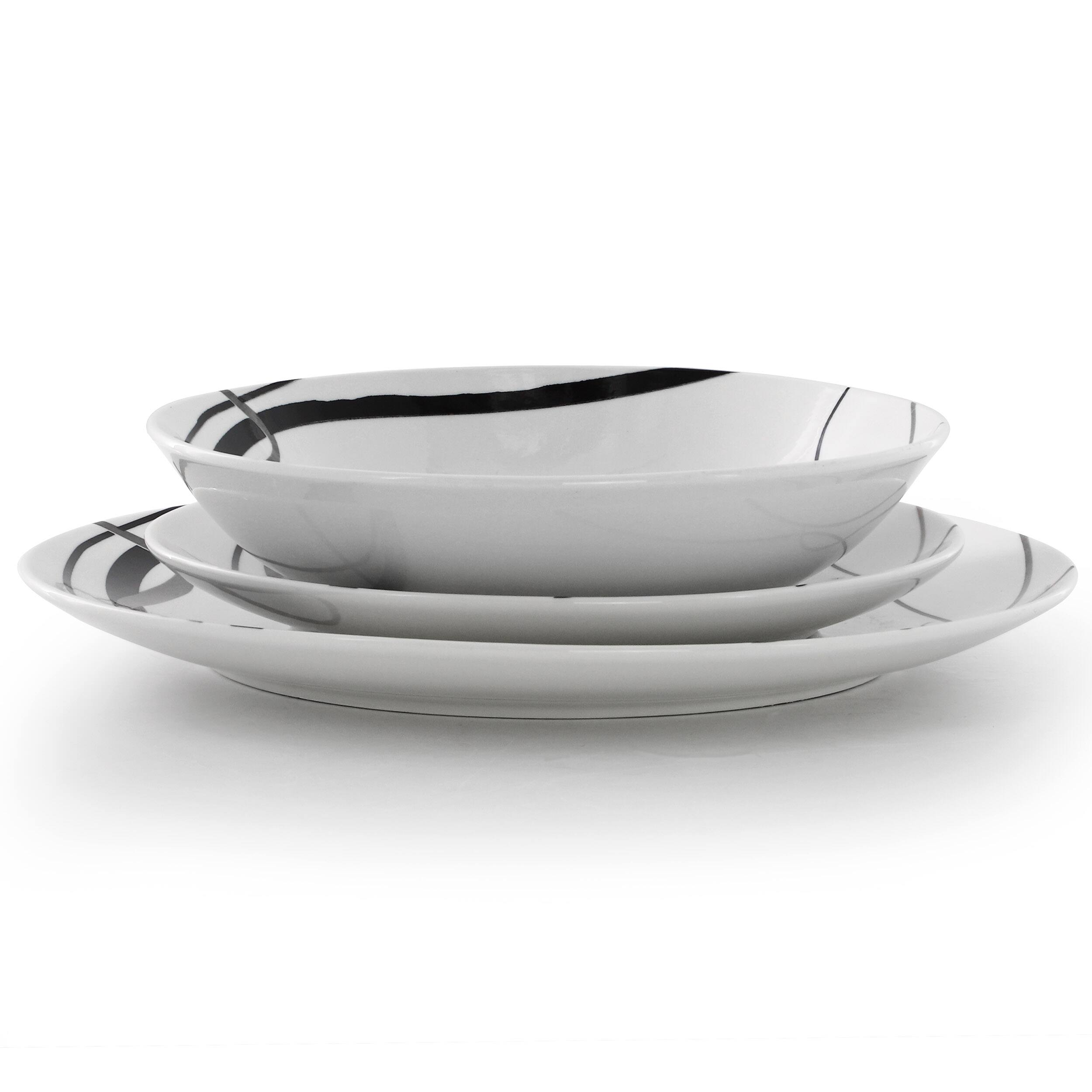 Alt View 1. Elama - Elama Sarah 18 Piece Porcelain Ribbon Lined Dinnerware Set, Service for 6 in White and Black - White.