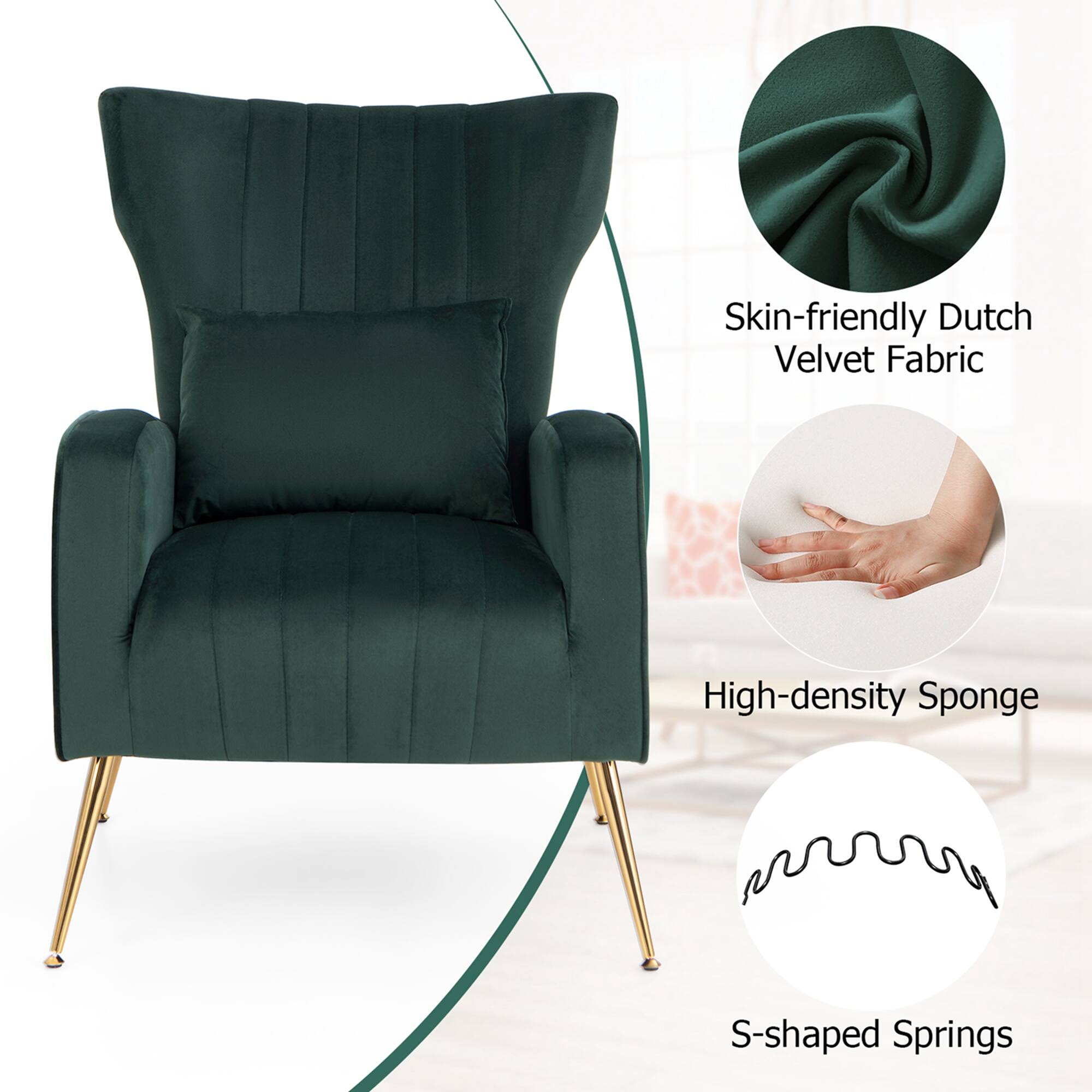 The text on the image is grouped and corrected as follows:

1. Skin-friendly Dutch Velvet Fabric
2. High-density Sponge
3. S-shaped Springs