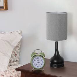 Oumilen - 2-Piece Gourd Table Lamp with Gray Fabric Shade, Pull Chain Switch, 2 USB Ports and 1 AC Outlet