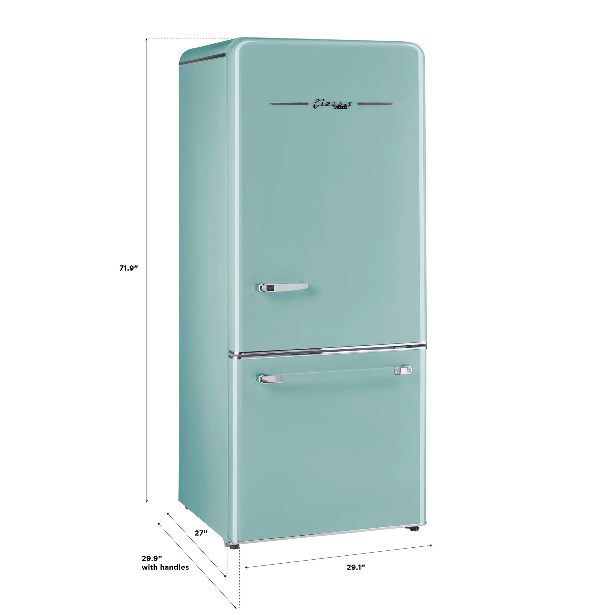 The text on the image reads "Clasda 71.9- 27" 29.9 with handles 29.1"." This text is grouped and corrected as follows:

"Clasda 71.9- 27" 29.9 with handles 29.1" is a description of a refrigerator, likely a vintage model, with dimensions and features. The dimensions are 71.9 inches tall, 27 inches wide, and 29.9 inches deep, including the handles. The refrigerator is 29.1 inches deep without the handles.