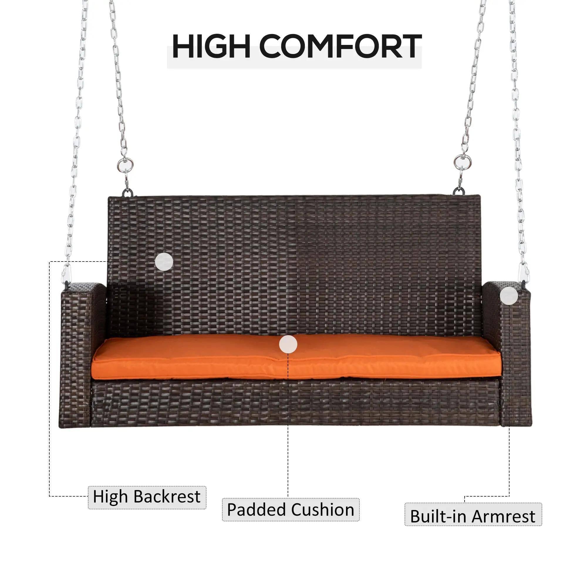 The text in the image can be grouped and corrected as follows:

- **High Comfort**
- **High Backrest**
- **Padded Cushion**
- **Built-in Armrest**