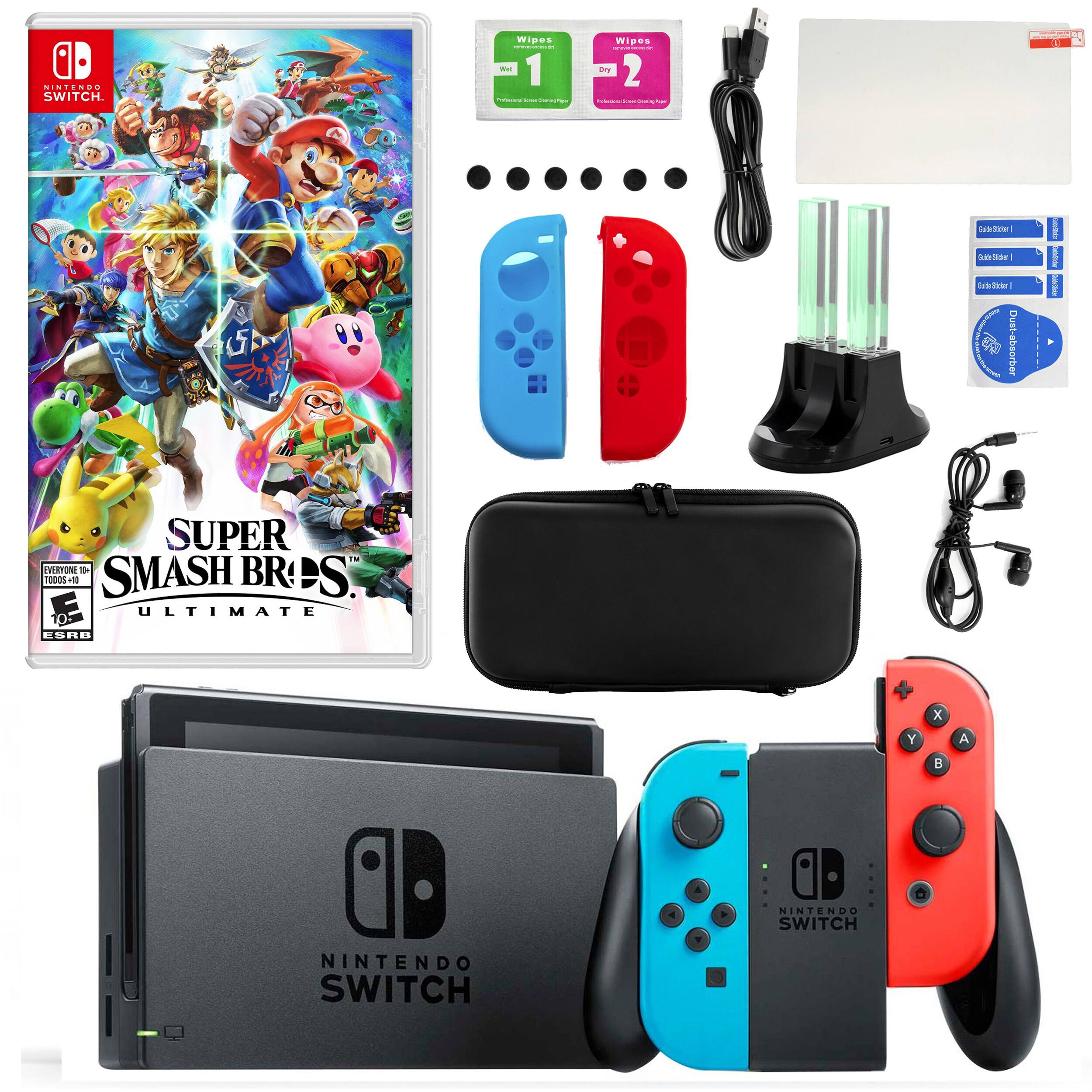The image features a Nintendo Switch game console, along with various accessories and items related to the game. There are two game controllers, one red and one blue, as well as a game cartridge for Super Smash Bros. Ultimate. Other items include a black carrying case, a green and black fan, a black and red box, and a red and white box. Additionally, there are two remotes and a small box with a blue sticker. The image showcases the excitement and fun of playing video games on the Nintendo Switch console.