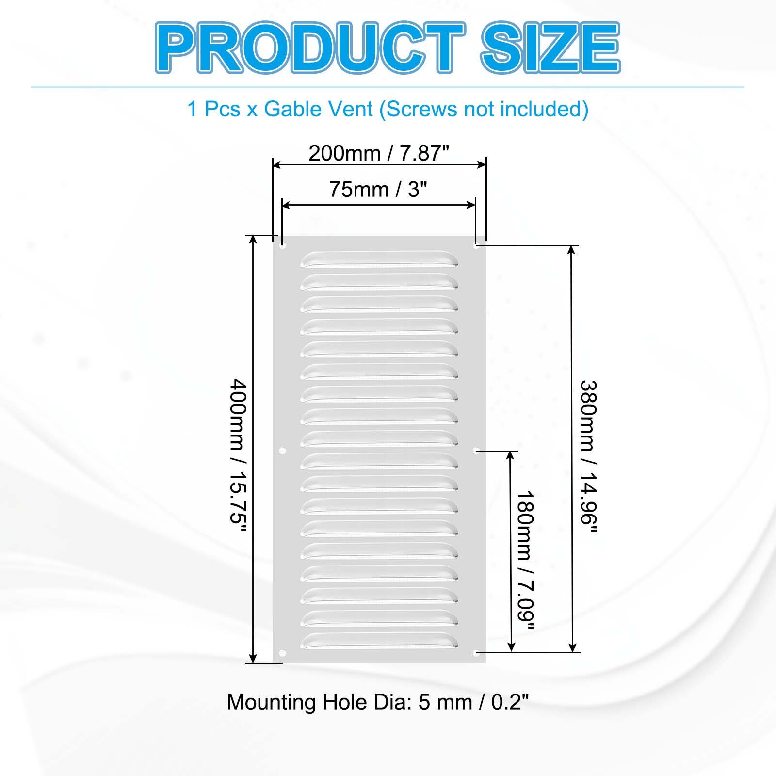 PRODUCT SIZE  
1 Pcs x Gable Vent (Screws not included)  

- 200mm / 7.87"  
- 75mm / 3"  
- 400mm / 15.75"  
- 380mm / 14.96"  
- 180mm / 7.09"  

Mounting Hole Dia: 5 mm / 0.2"