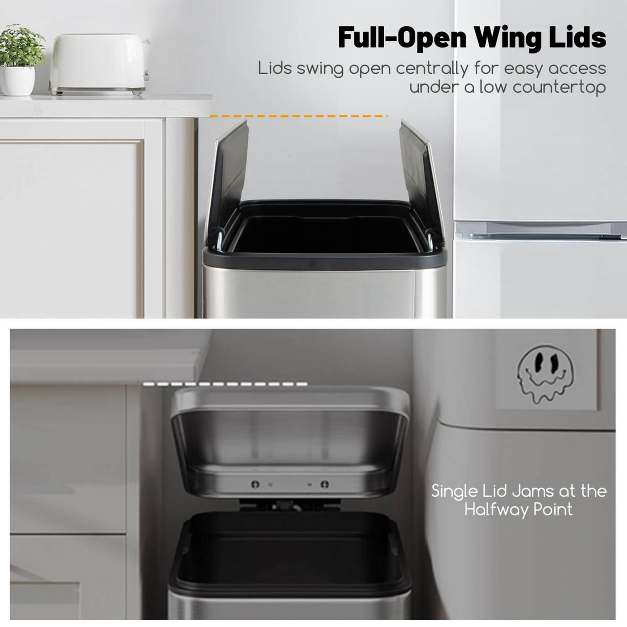 Full-Open Wing Lids  
Lids swing open centrally for easy access under a low countertop  

Single Lid Jams at the Halfway Point