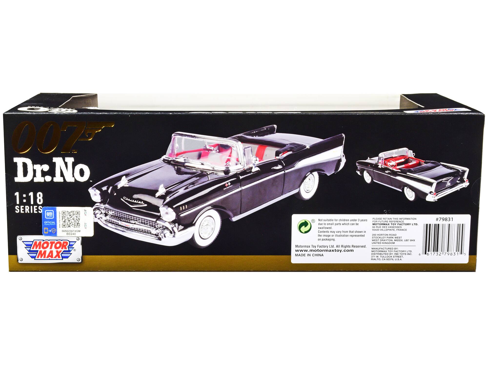 007 Dr. No  
1:18 SERIES  
9m  
OTICINL  
n414204/00M  
00240  
2 MOTOR MAX PLEAME RETAN  
- INFORMATION  
Not suitable for children under 3 years  
- TUR ITERNE -oe - small parts which can be a choking hazard  
- MOTOR MAX TOY FACTORY  
- Contents may vary from that shown or illustration represented  
- URTON ROAD ATU PARK WIST - gnigadses  
- NEST CRATTON MODA  
- UNITED SINCOM  
- MotorMax Toy Factory Ltd. All Rights Reserved  
- www.motormaxtoy.com  
- DISTRIBUTER: Po FUPS  
- MADE IN CHINA  
- TUALOCK STREET ALTO FA 437%  
- #79831  
- 61732  
- 79831