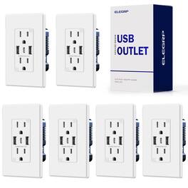 ELEGRP - 3 Ports Dual Type A & Type C USB Charger Wall Outlet, 15 Amp Tamper-Resistant Outlet w/Wall Plate, (6 Pack) - White
