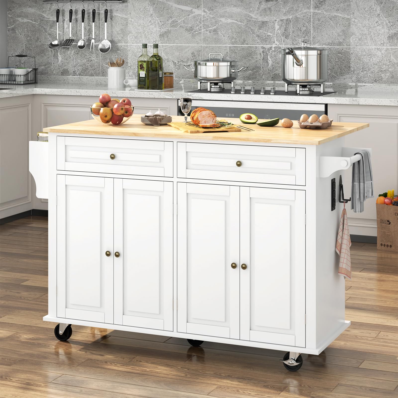 Alt View 8. Lent Glitter Wood - 55" Kitchen Island with Drop Leaf & Outlet Mobile Cart with Storage, Spice Rack & Hooks - white.