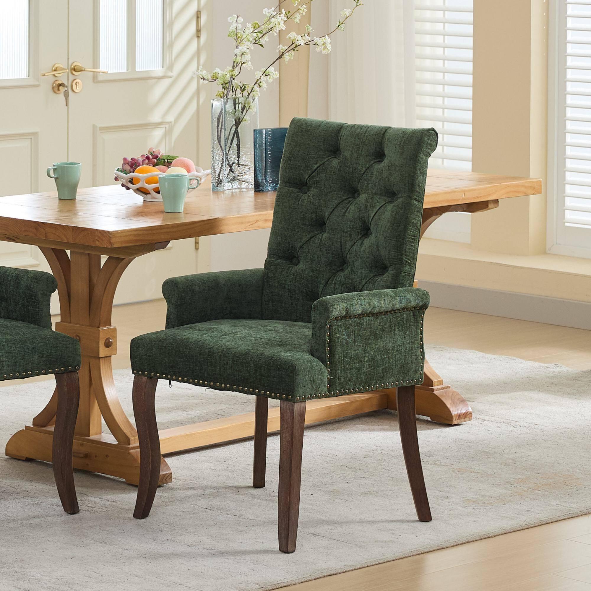 Angle. GOODSILO - Upholstered Tufted Accent Dining Chair with Curved Wood Legs and Chenille Fabric in Neutral Beige - Olive Green.