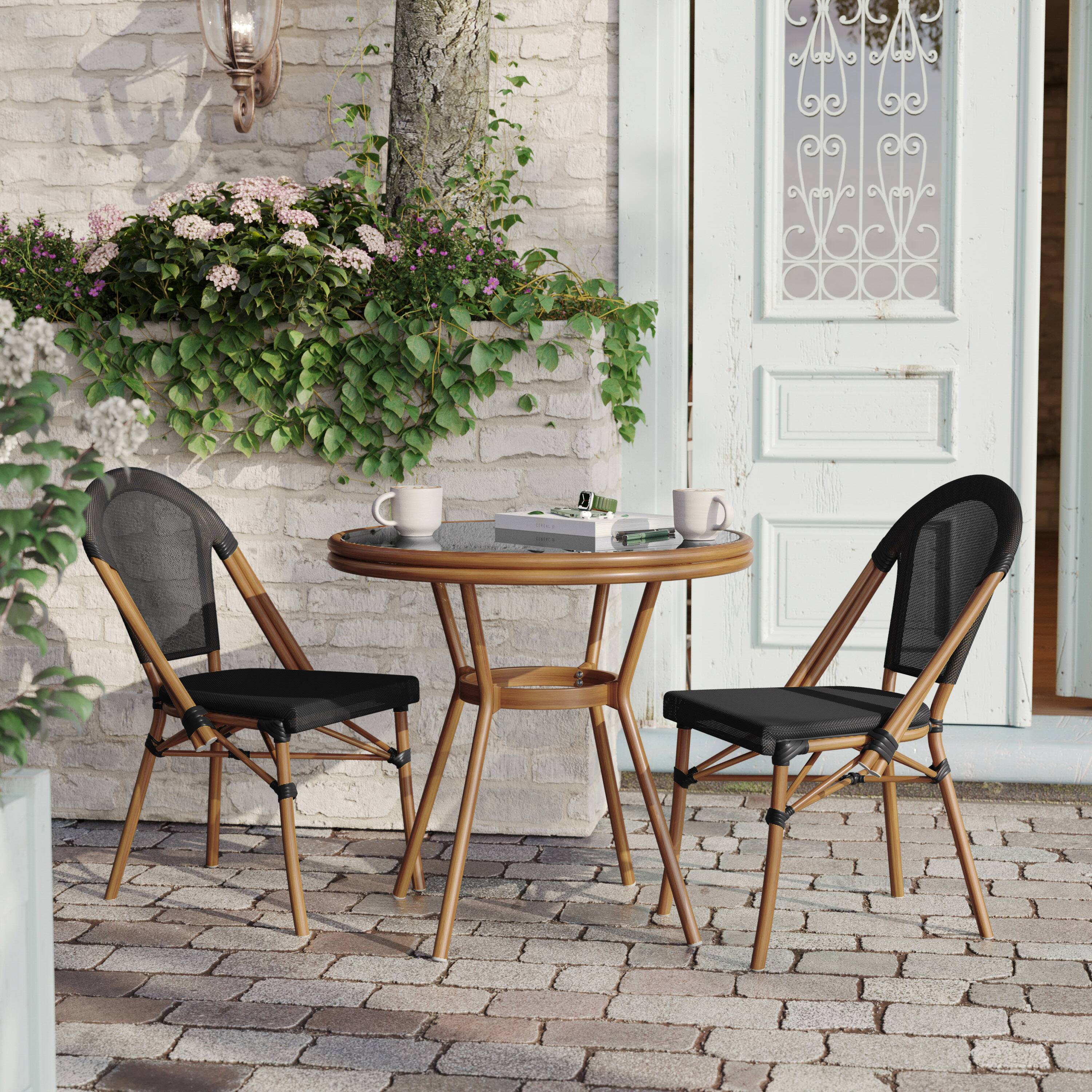 Alt View 2. Flash Furniture - Marseille Indoor/Outdoor Commercial Bistro 31.5" Table, Black Textilene, Glass Top, Bamboo Print Aluminum Frame in Natur - Black.