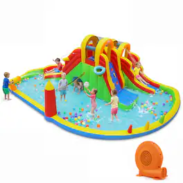 Costway - Inflatable Water Slide Park with 2 Long Slides, Climbing Walls, Splash Pool, Blower - Multi-color