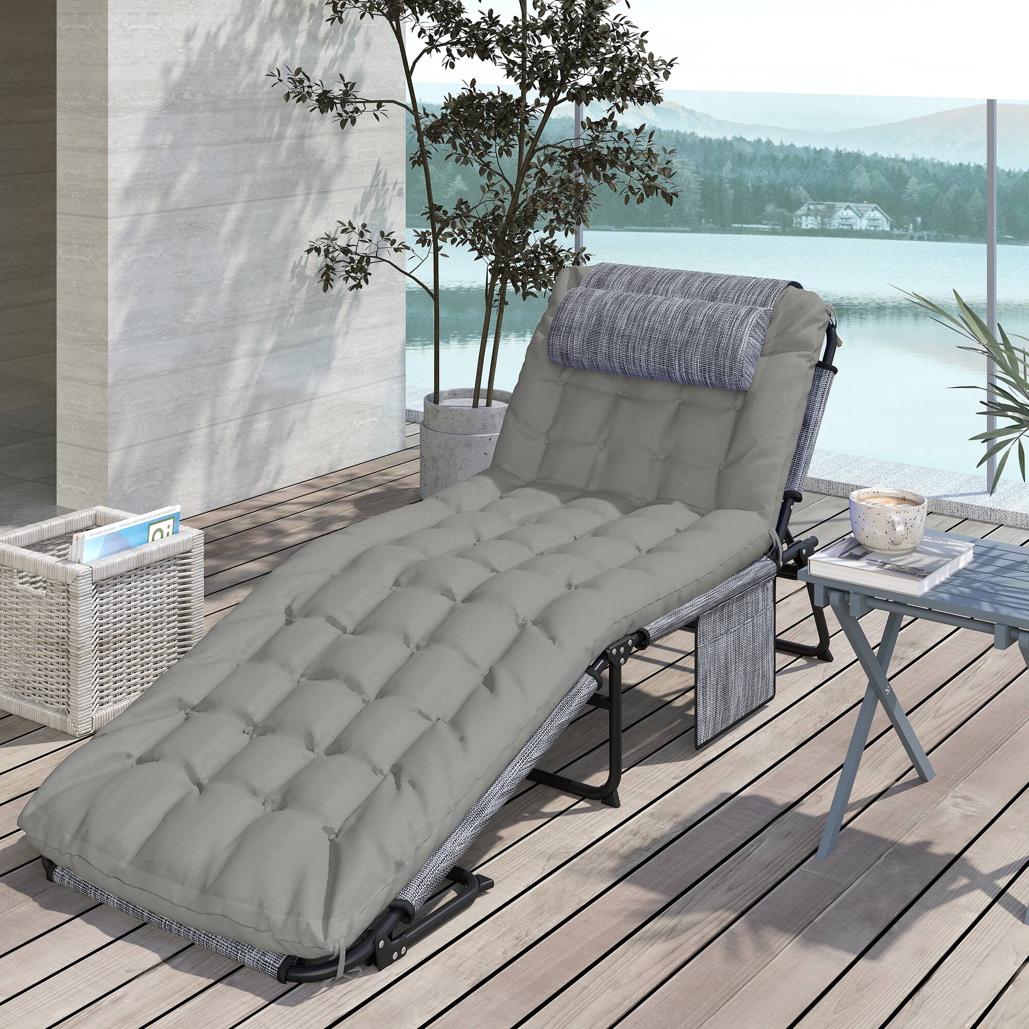 Alt View 8. Outsunny - Folding Chaise Lounge with 4-level Reclining Back, Outdoor Tanning Chair with Cushion, Outdoor Lounge Chair - Gray.
