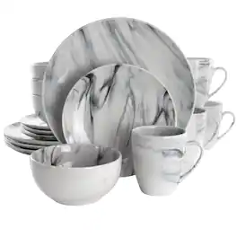 Elama - Fine Marble 16 Piece Stoneware Dinnerware Set - Black and White