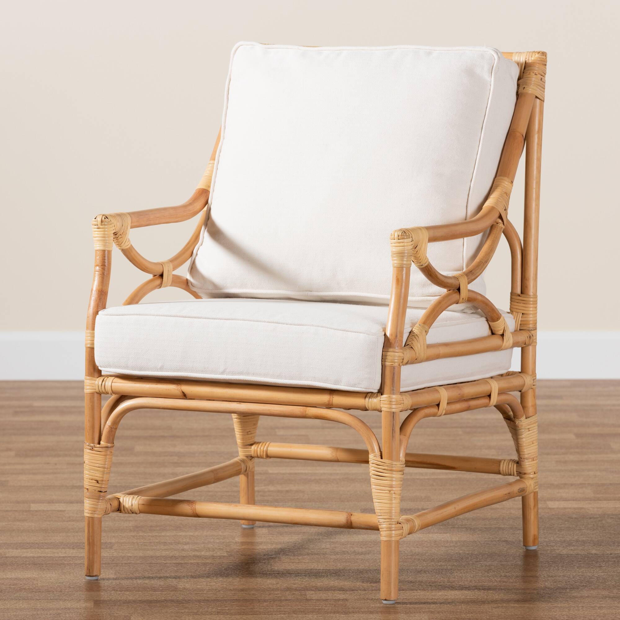 Alt View 5. bali & pari - Brandon Modern Bohemian Fabric Upholstered and Rattan Armchair - White/Natural Brown.