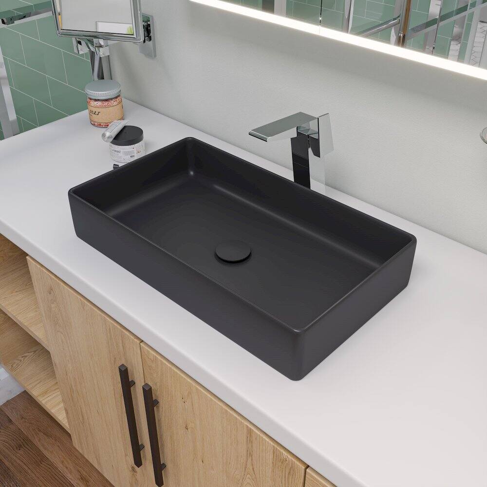 Angle. Alfi - Black Matte 24" Modern Rectangular Above Mount Ceramic Sink - Black.