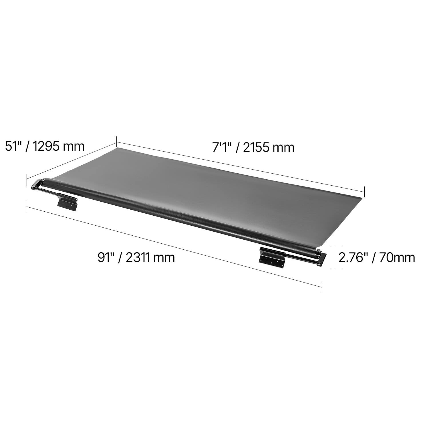 51" / 1295 mm  
7'1" / 2155 mm  
91" / 2311 mm  
2.76" / 70mm