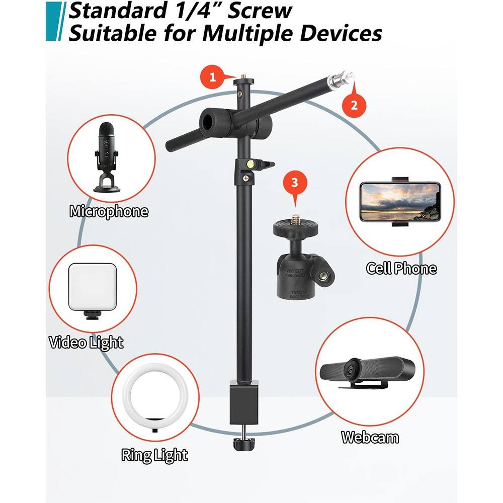 Standard 1/4" Screw  
Suitable for Multiple Devices  

1. Microphone  
2. Cell Phone  
3. Video Light  
4. Ring Light  
5. Webcam