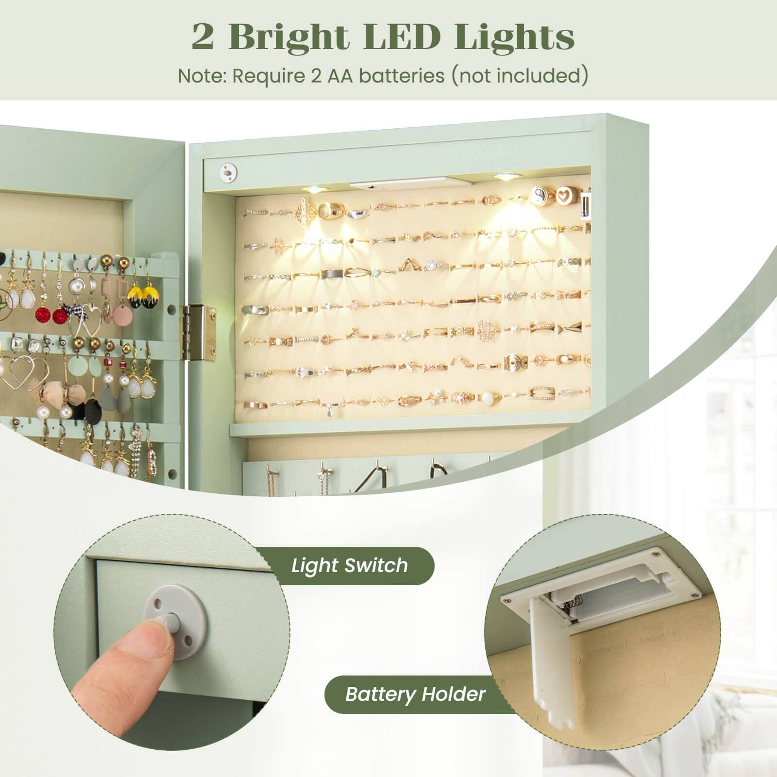 2 Bright LED Lights  
Note: Require 2 AA batteries (not included)  

Light Switch  
Battery Holder