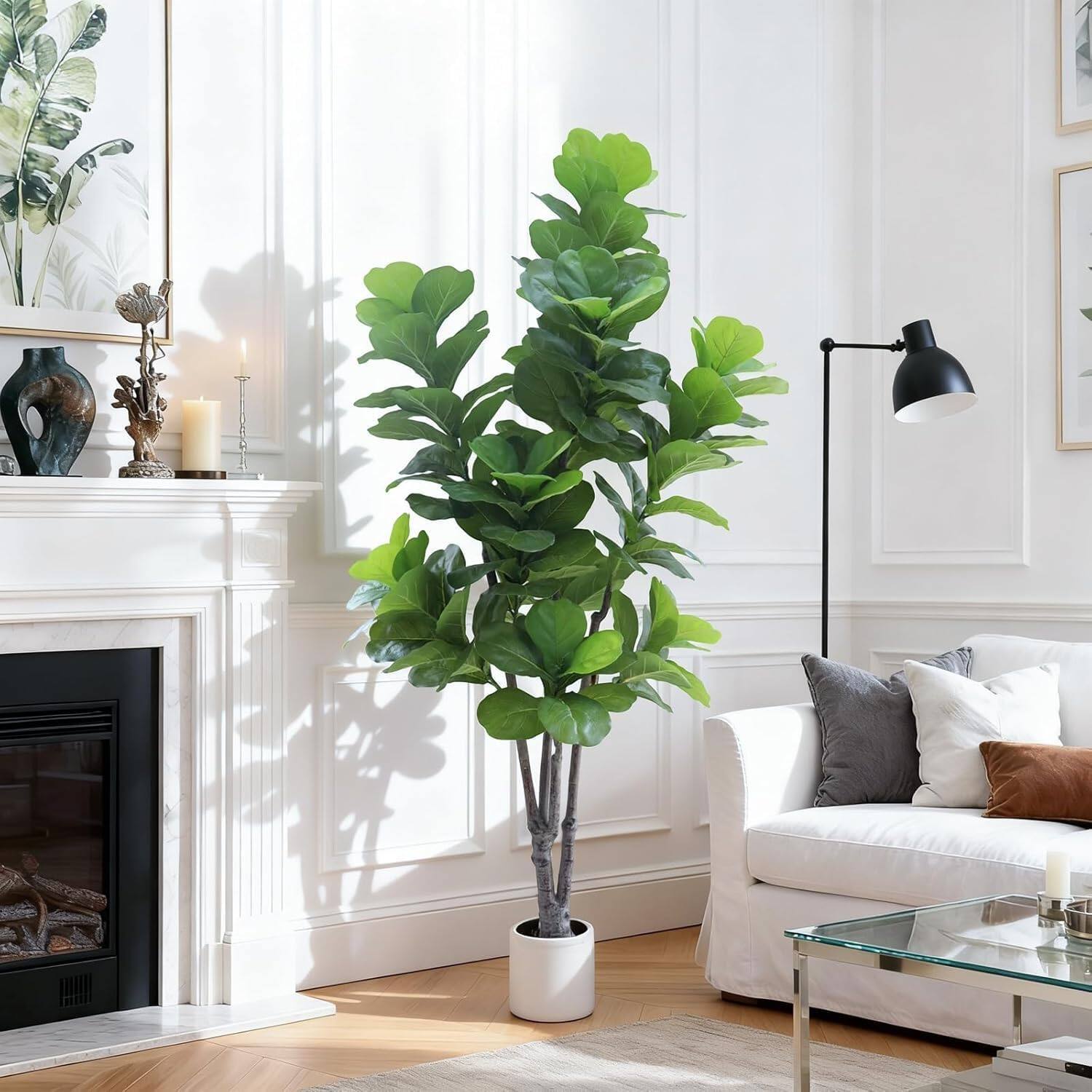 Back. Homhougo - Artificial Fiddle Leaf Fig Tree with Planter Fake Tree with Natural Wood Trunk Tropical Fake Ficus Tree for Decor - Green.