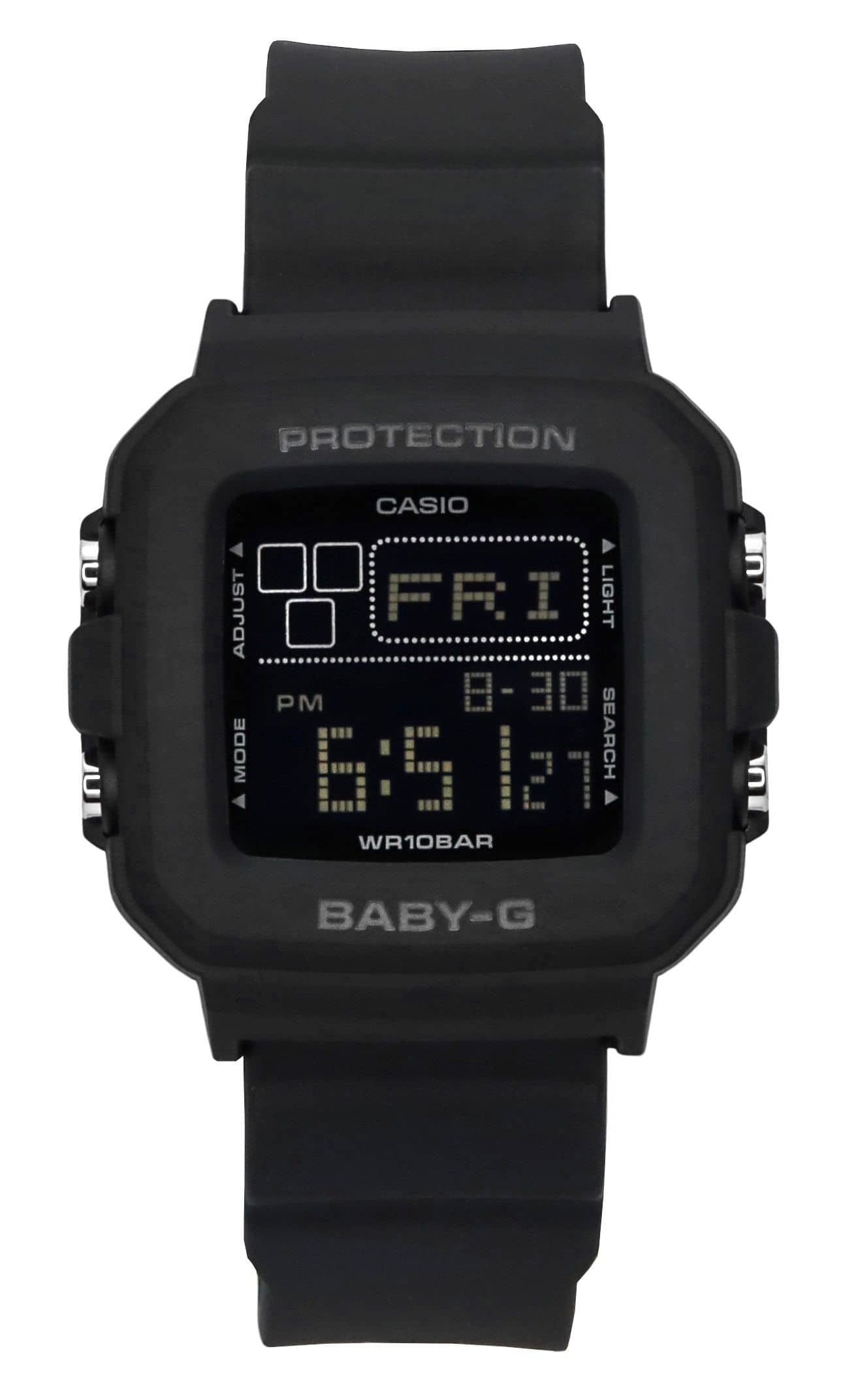 PROTECTION  
CASIO  
FRI  
8-30  
6:51 27  
PM  
SEARCH  
LIGHT  
ADJUST  
MODE  
WR10BAR  
BABY-G