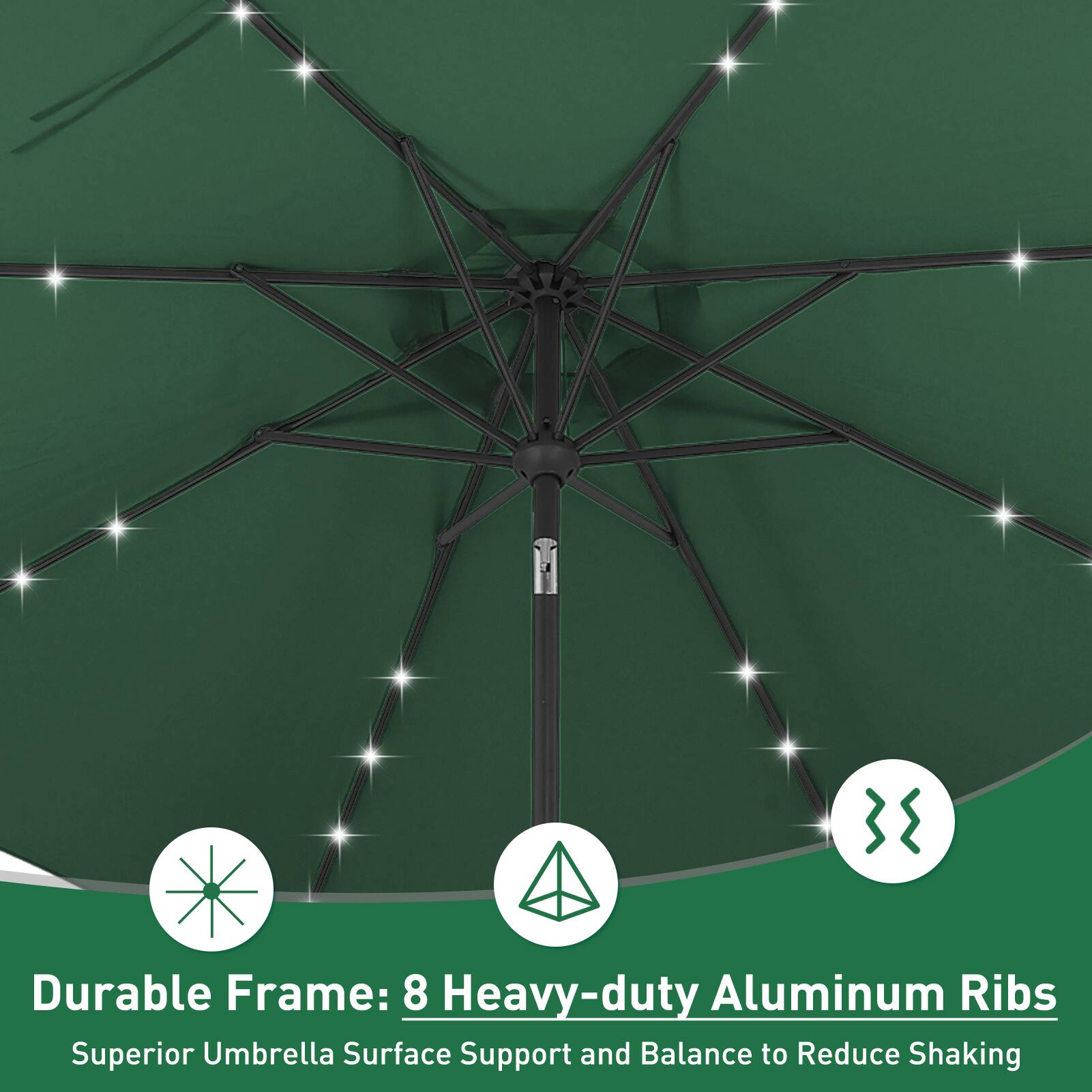 Durable Frame: 8 Heavy-duty Aluminum Ribs  
Superior Umbrella Surface Support and Balance to Reduce Shaking