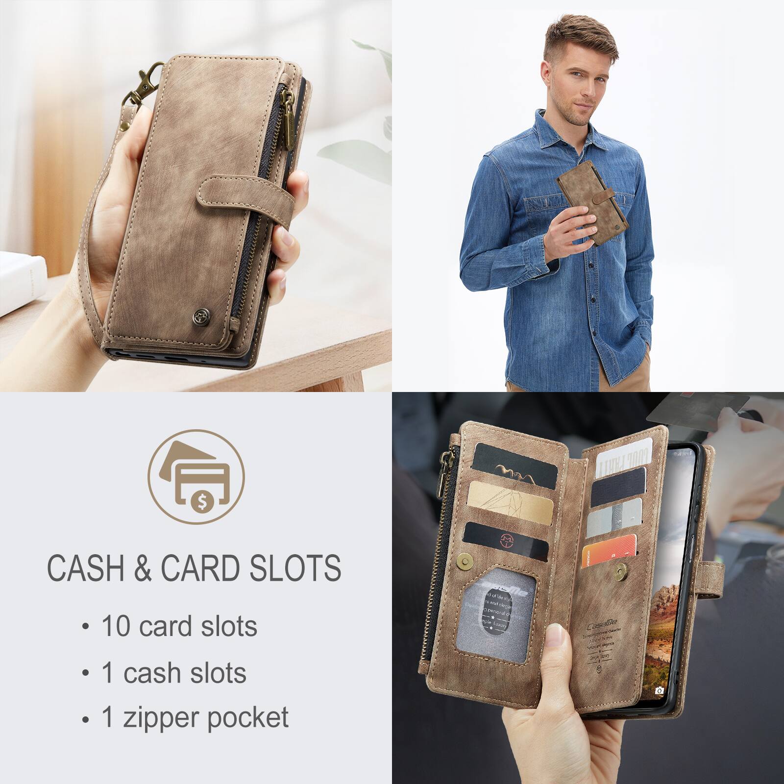 CASH & CARD SLOTS

- 10 card slots
- 1 cash slot
- 1 zipper pocket