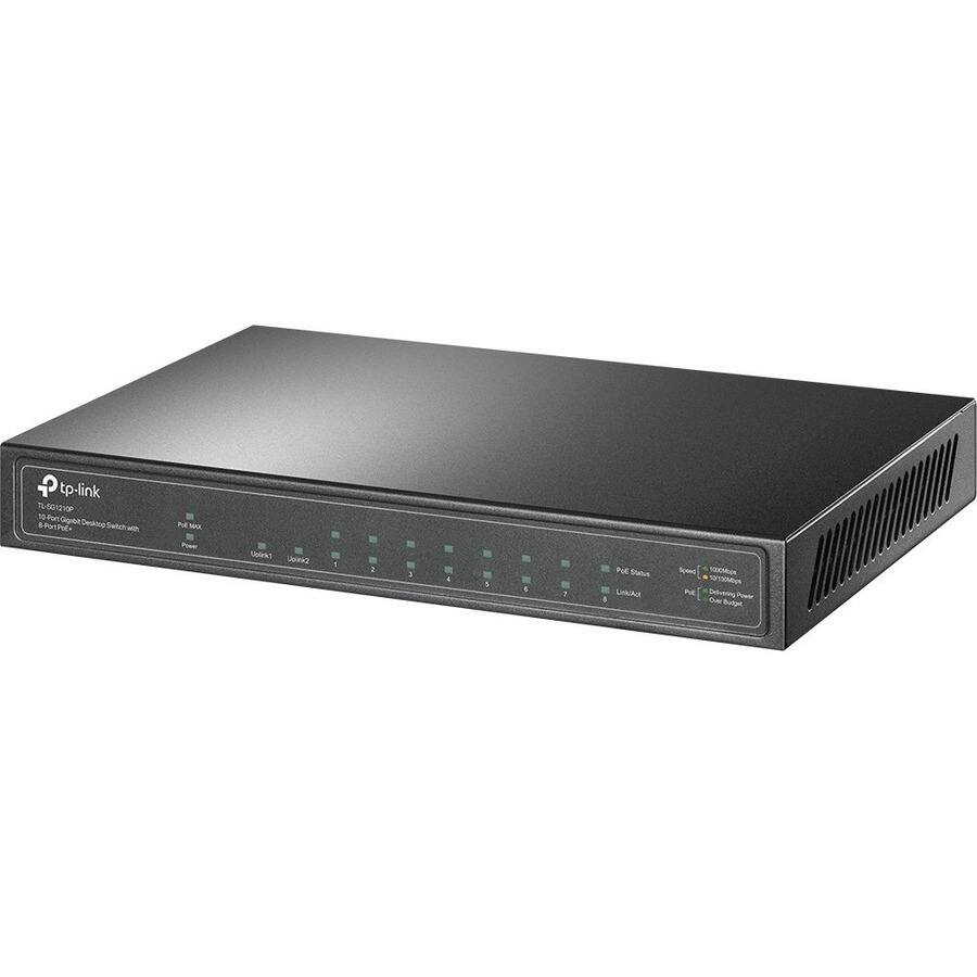 TP-Link T1-501210P  
8-Port Gigabit Desktop Switch  

Port Max  
10/100/1000 Mbps  

Ports  
1 2 3 4 5 6 7 8  

Power Status  
10/100/1000 Mbps  
Delivering Power  
Our Budget