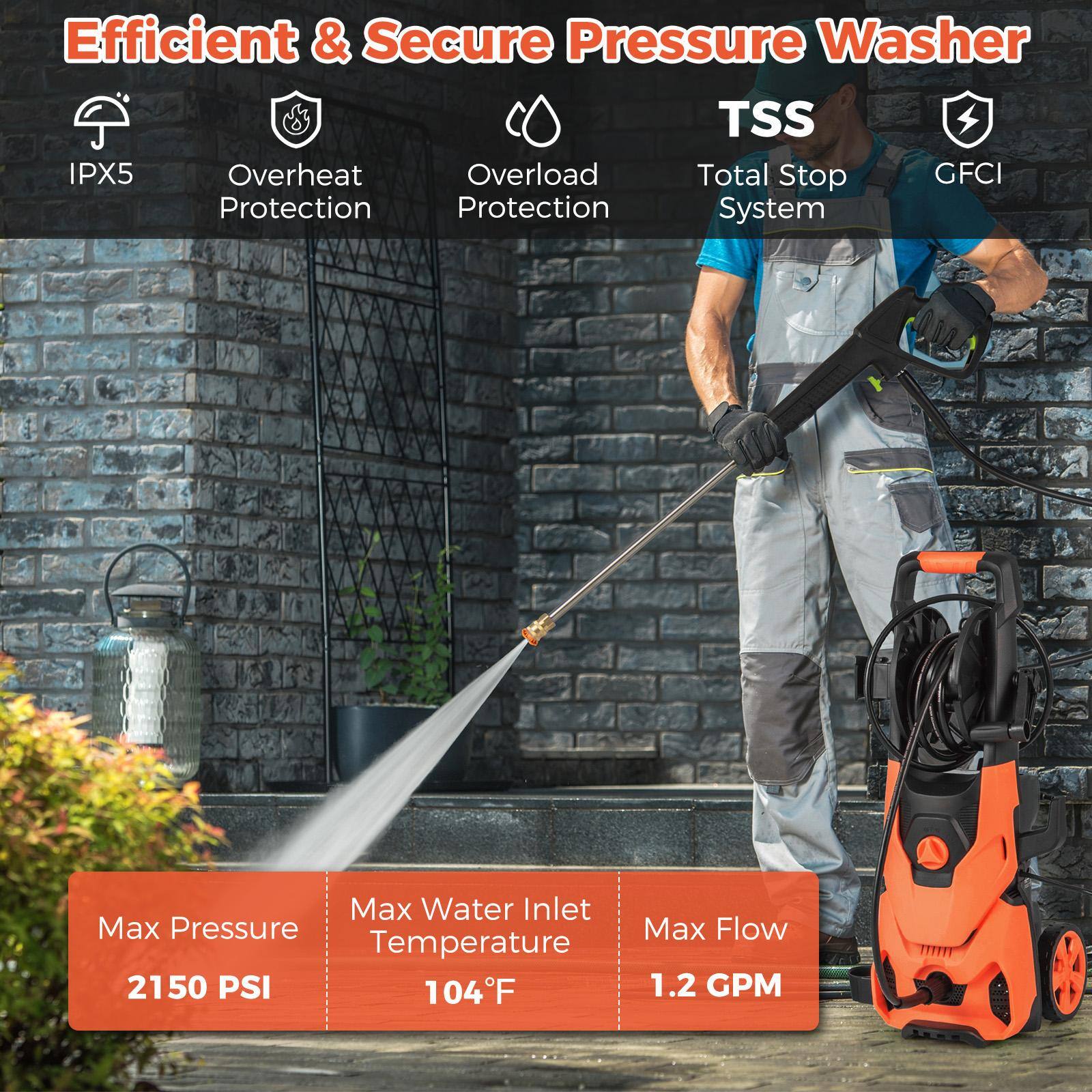 Efficient & Secure Pressure Washer  
TSS IPX5 Overheat Overload Total Stop GFCI Protection  
Protection System  
Max Water Inlet Temperature: 104°F  
Max Pressure: 2150 PSI  
Max Flow: 1.2 GPM