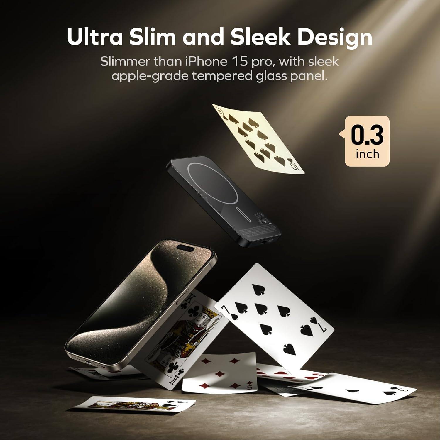 Ultra Slim and Sleek Design: Slimmer than iPhone 15 Pro, with a sleek apple-grade tempered glass panel. 0.3 inch x 0.3 inch.