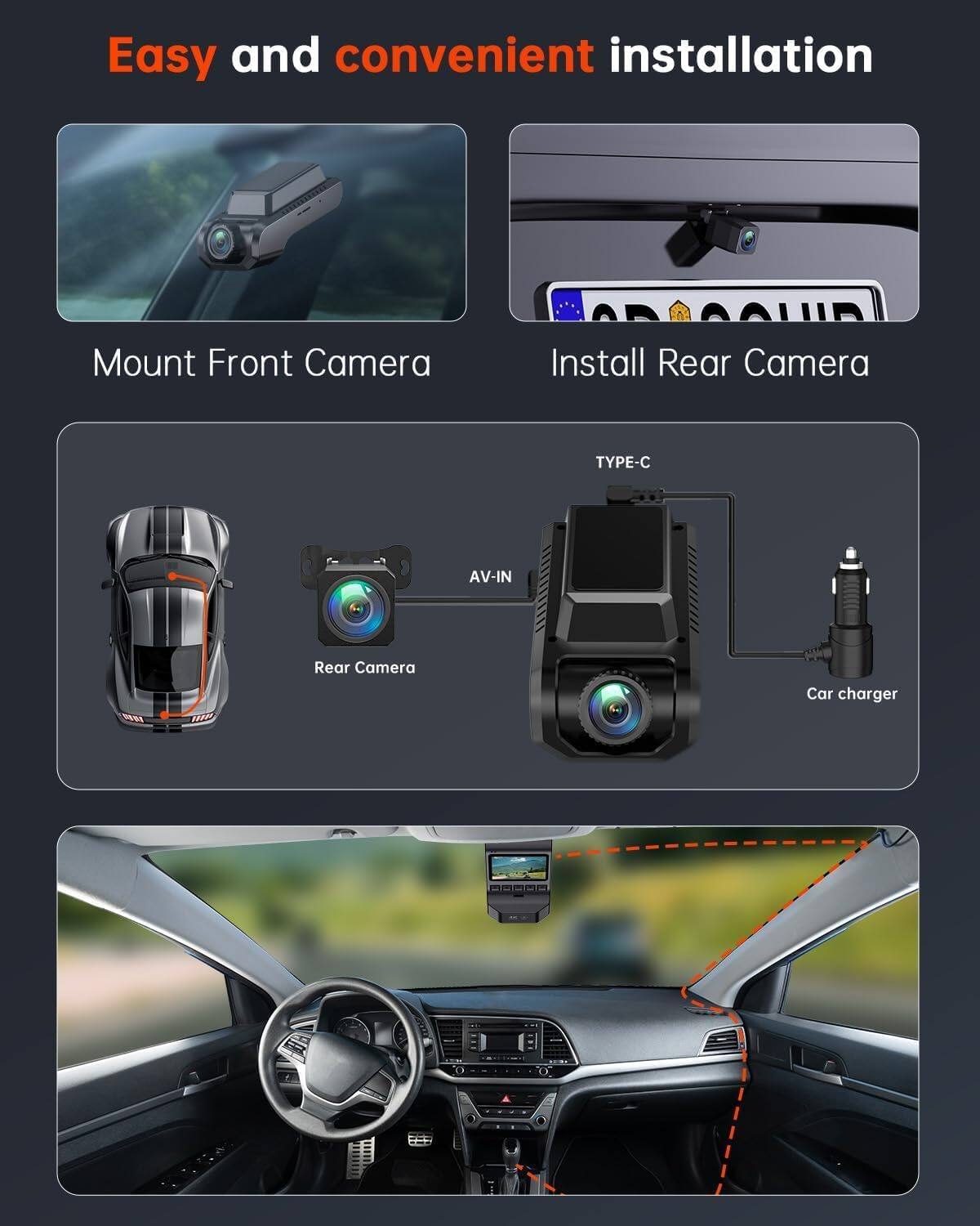 E YEEGER 4K+1080P Front and Rear Dash Cam for Cars, Built in WiFi and ...