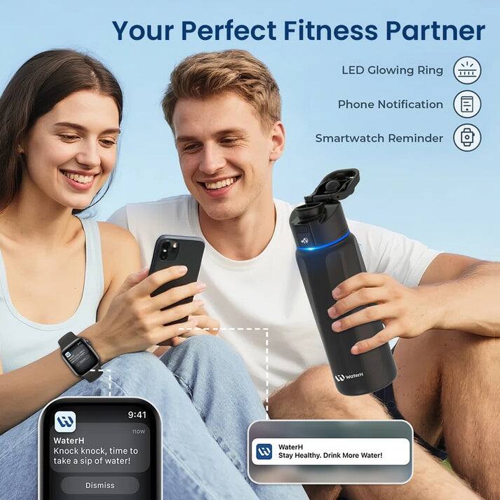 Your Perfect Fitness Partner, LED Glowing Ring, Phone Notification, Smartwatch Reminder, WaterH, 9:41, W, now, WaterH, Knock knock, time to take a sip of water!, WaterH, Stay Healthy. Drink More Water!, Dismiss.