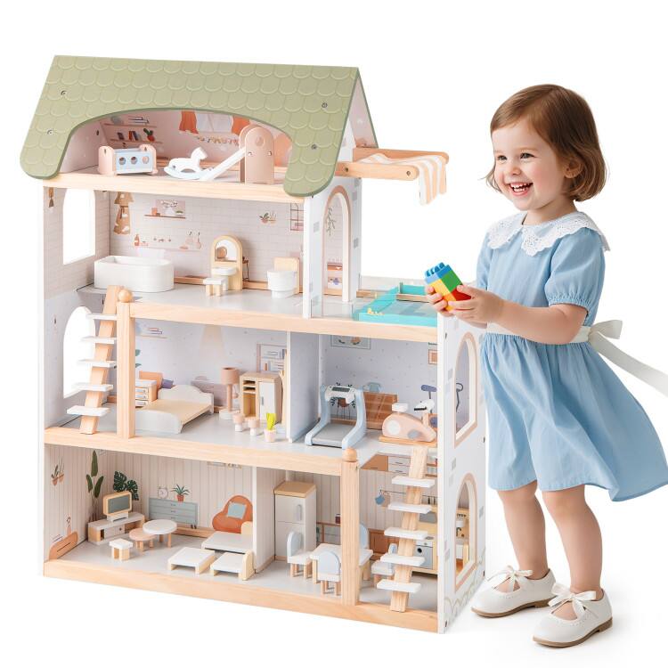 Alt View 1. SlickBlue - Wooden Dollhouse DIY Pretend Playhouse for Kids with 33 Furniture Pieces - Light Green.