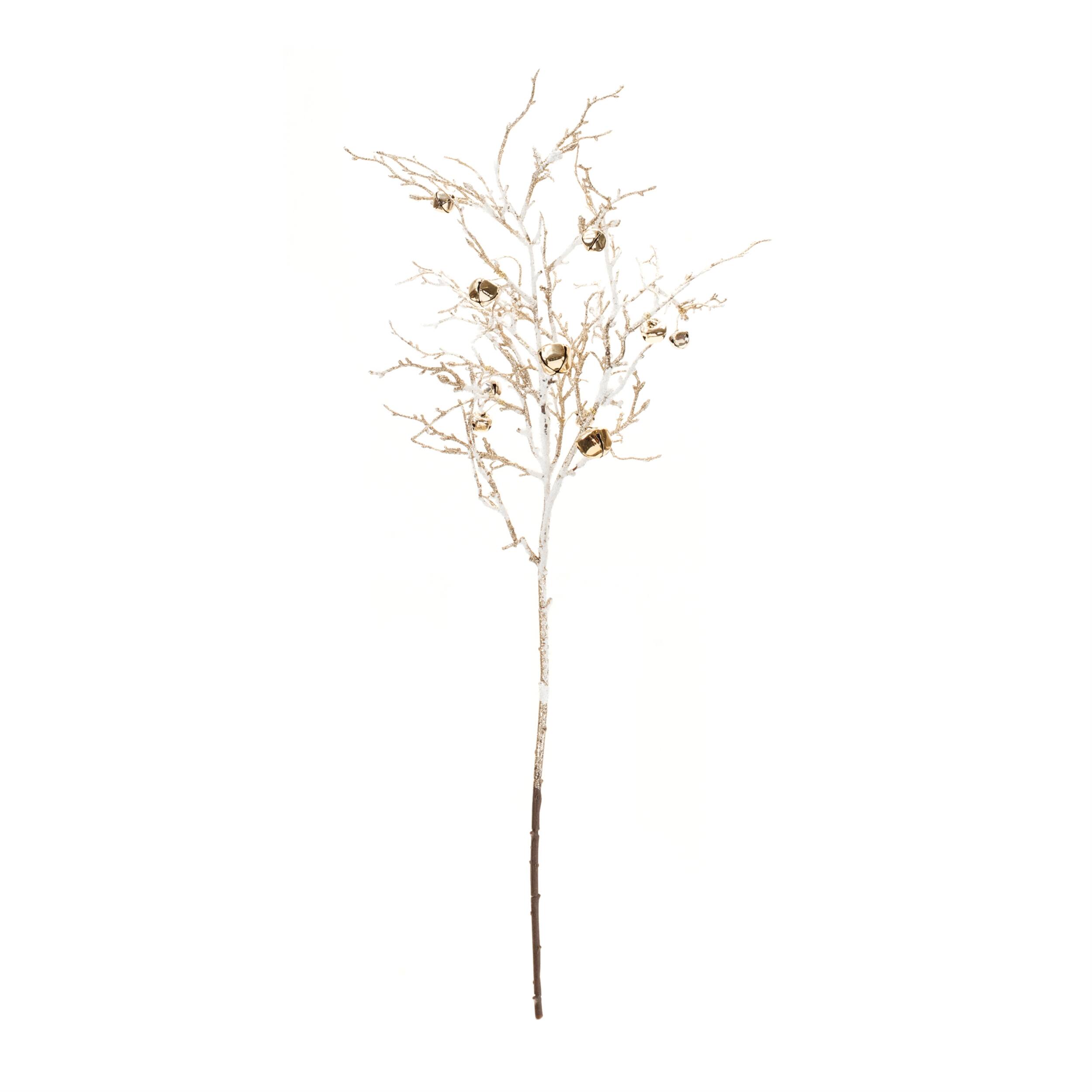 Angle. BreeBe - Flocked Sleigh Bell Twig Branch (Set of 2) - Gold, White.