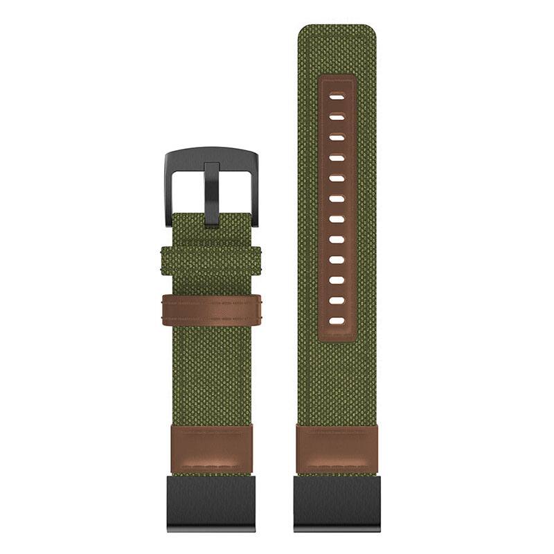 Left. StrapsCo - Rugged Canvas Band QuickFit 26 Watch Strap For Garmin Tactix 8 – 51mm - Green & Brown.