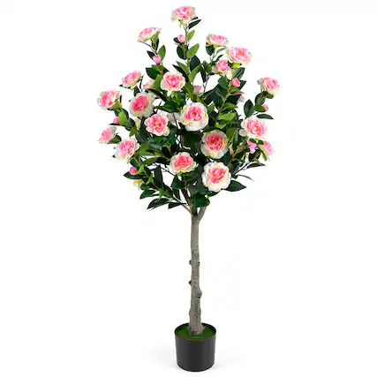 Front. Costway - Costway 1 PCS 50.5" Artificial Camellia Tree with 27 Camellia Blossoms in Cement-Filled Pot - Pink & Green & Black.