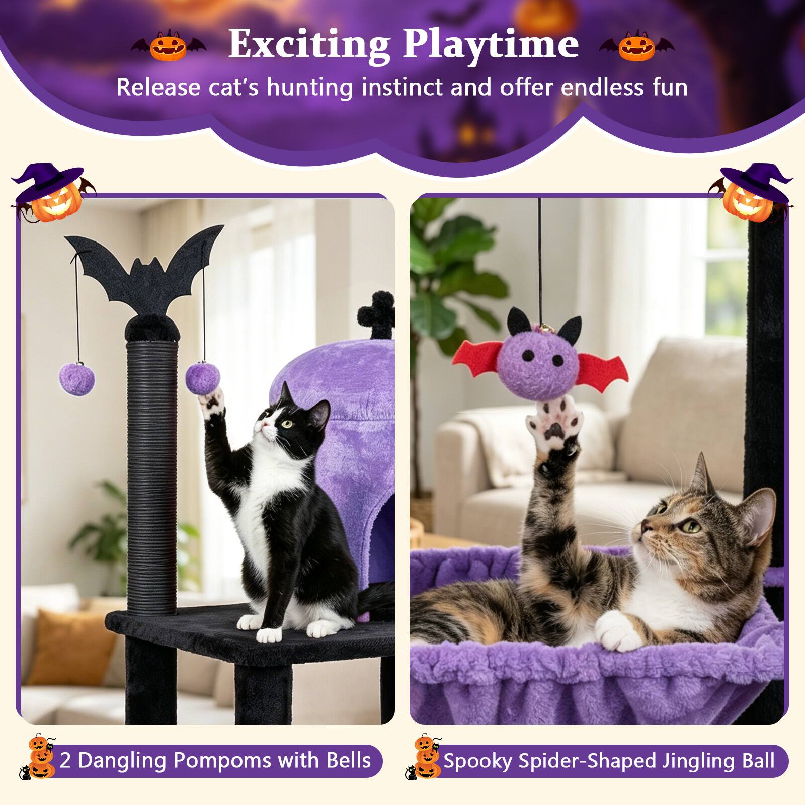 Exciting Playtime  
Release cat's hunting instinct and offer endless fun  

2 Dangling Pompoms with Bells  
Spooky Spider-Shaped Jingling Ball
