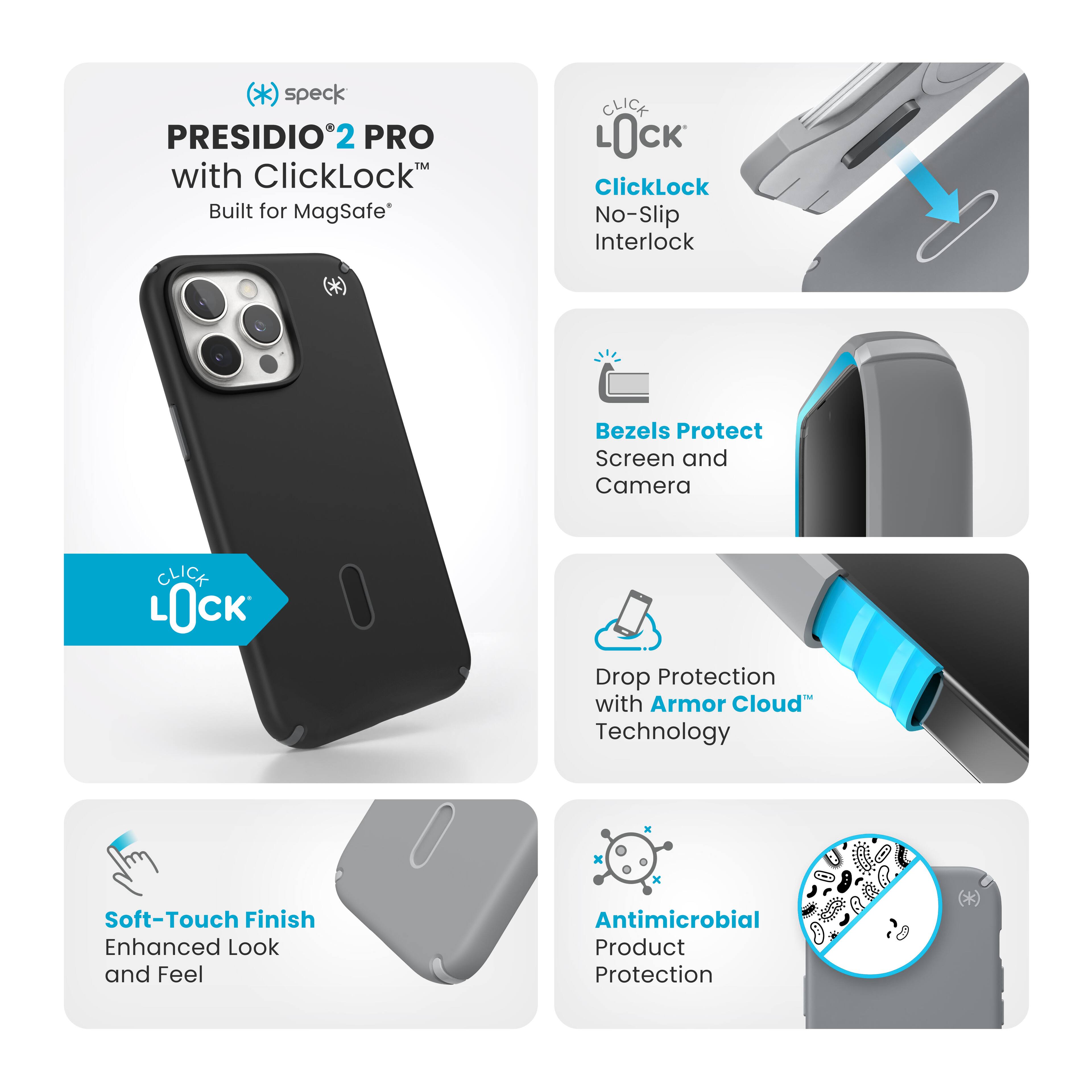 The text on the image can be grouped and corrected as follows:

1. Speck Presidio Pro with ClickLock: Built for MagSafe
2. ClickLock: No-Slip Interlock
3. Bezels: Protect Screen and Camera
4. Drop Protection with Armor Cloud Technology
5. Soft-Touch Finish: Enhanced Look and Feel
6. Antimicrobial Product Protection
7. K x Antimicrobial Product Protection
8. *Presidio Pro with ClickLock: Built for MagSafe