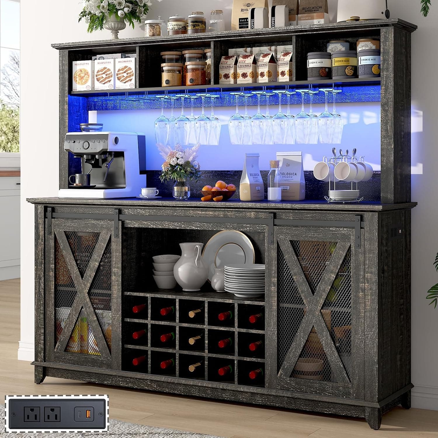 Espafurni - 63"W x 58"H Farmhouse Coffee Bar Cabinet with Power Outlet, LED Light & Wine Rack - Dark Oak