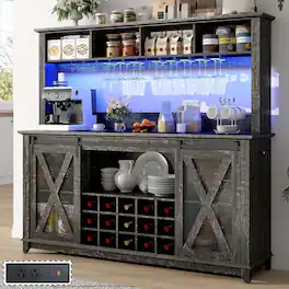 Espafurni - 63"W x 58"H Farmhouse Coffee Bar Cabinet with Power Outlet, LED Light & Wine Rack - Dark Oak