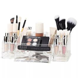 Elle - Acrylic Makeup Organizer, 16 Compartments & 1 Drawer, Rectangular Holder Cosmetic Organizer - Clear