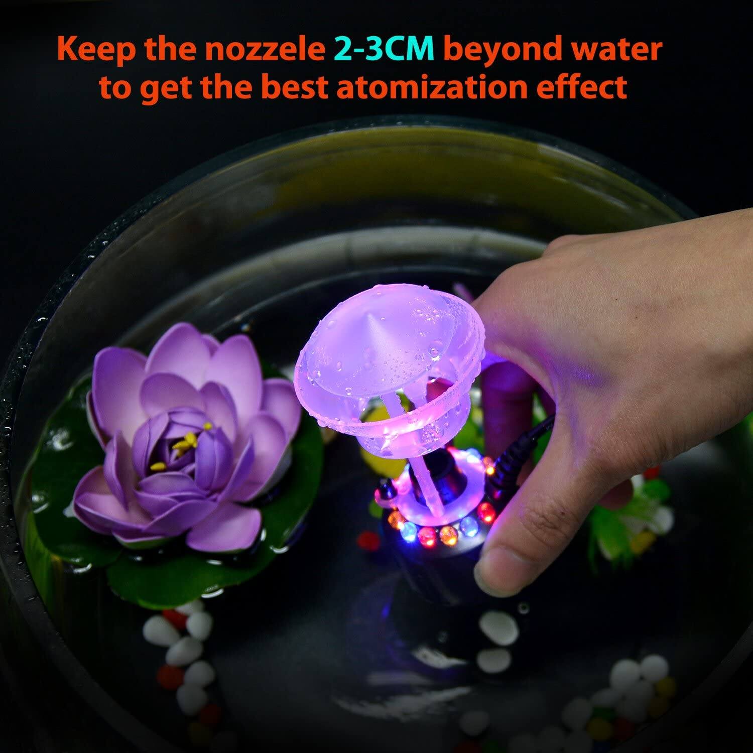 Keep the nozzle 2-3CM beyond water to get the best atomization effect