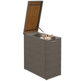 Outsunny - 17 Gallon Wicker Small Deck Box, PE Rattan Outdoor Storage Box with Slatted Acacia Wood Flip Top for Indoor - Teak