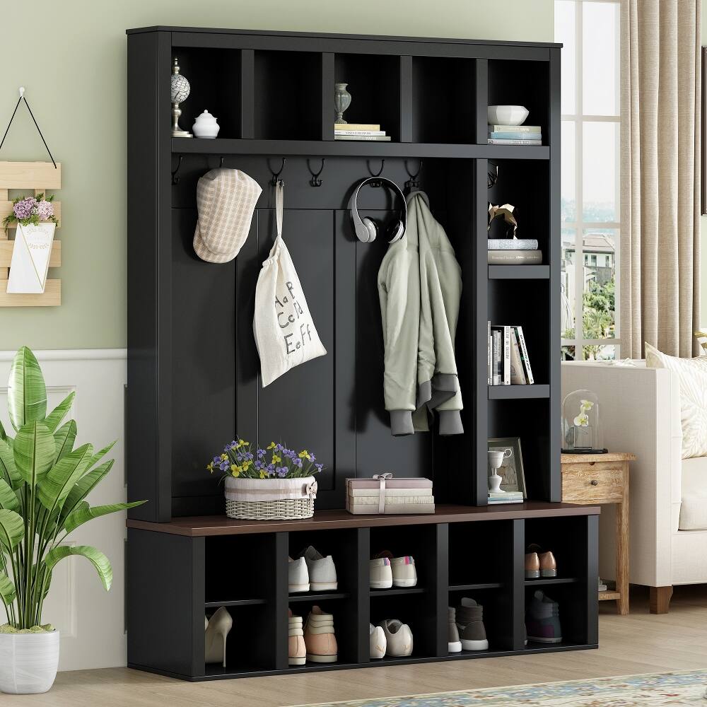 Loheer - Farmhouse Wooden Hall Tree, 4-in-1 Entryway Shoe Cabinet, Walnut Storage Bench, 76.7"H - Black and Dark Walnut
