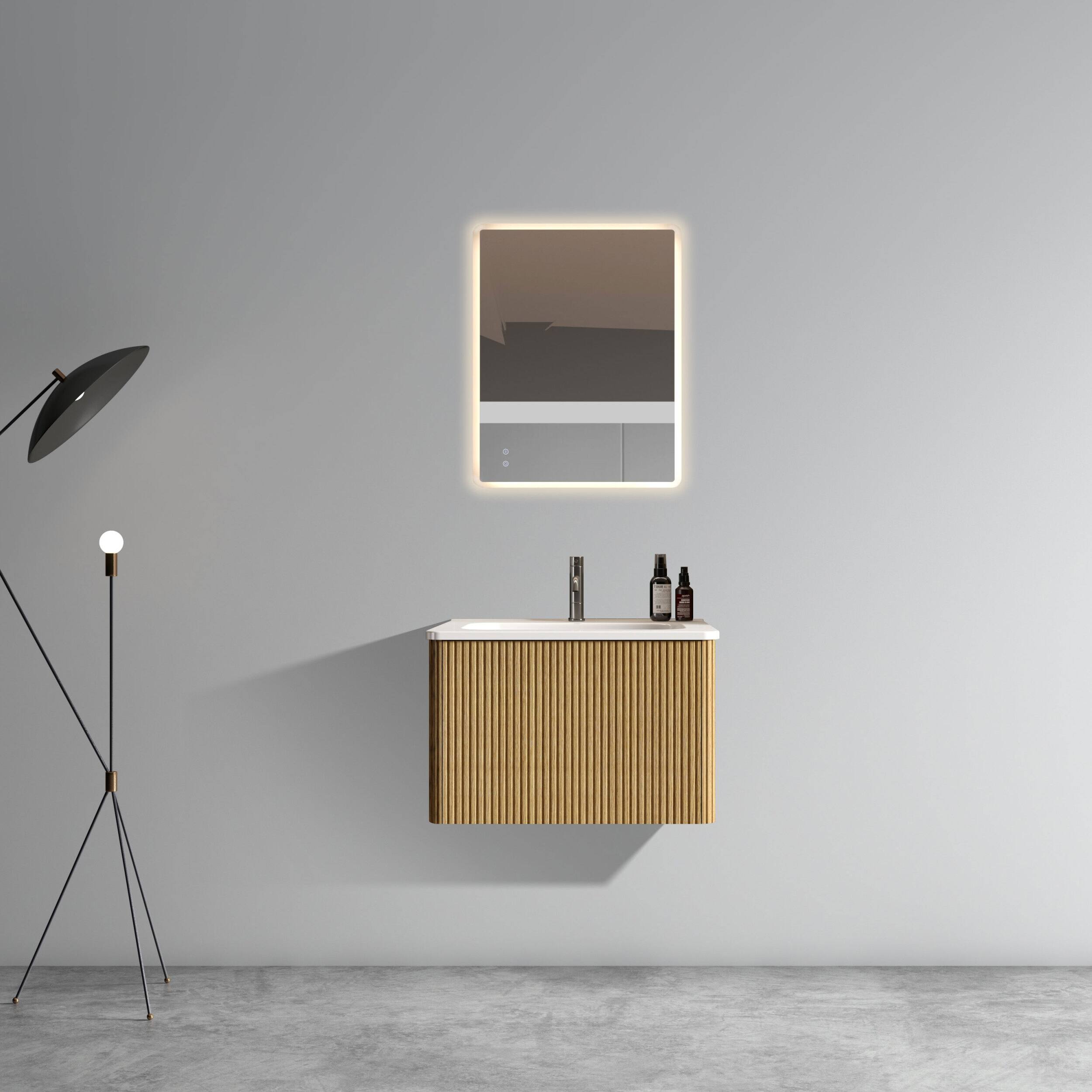 Angle. ELEMENT ACE - 24-Inch Floating Bathroom Vanity with Ceramic Sink, Modern Wall-Mounted Storage Cabinet for Contemporary Bathrooms - White+Oak.