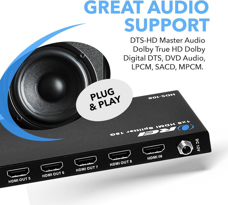 OREI HD-108 Splitter HDMI 1x8 – Duplica Il Segnale Su 8 Schermi, Supporto 1080p E 3D, Plug And Play, Per Ambienti Professionali