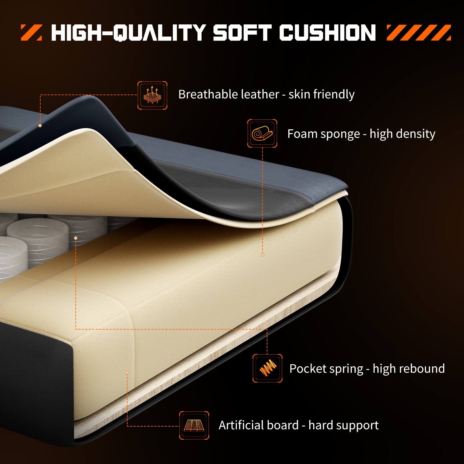 HIGH-QUALITY SOFT CUSHION

- Breathable leather - skin friendly
- Foam sponge - high density
- Pocket spring - high rebound
- Artificial board - hard support
